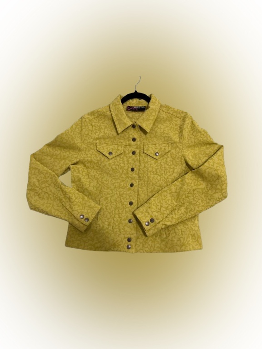 Peck & Peck Chartreuse Green Patterned Trucker Jacket Sz M Stretch Feminine